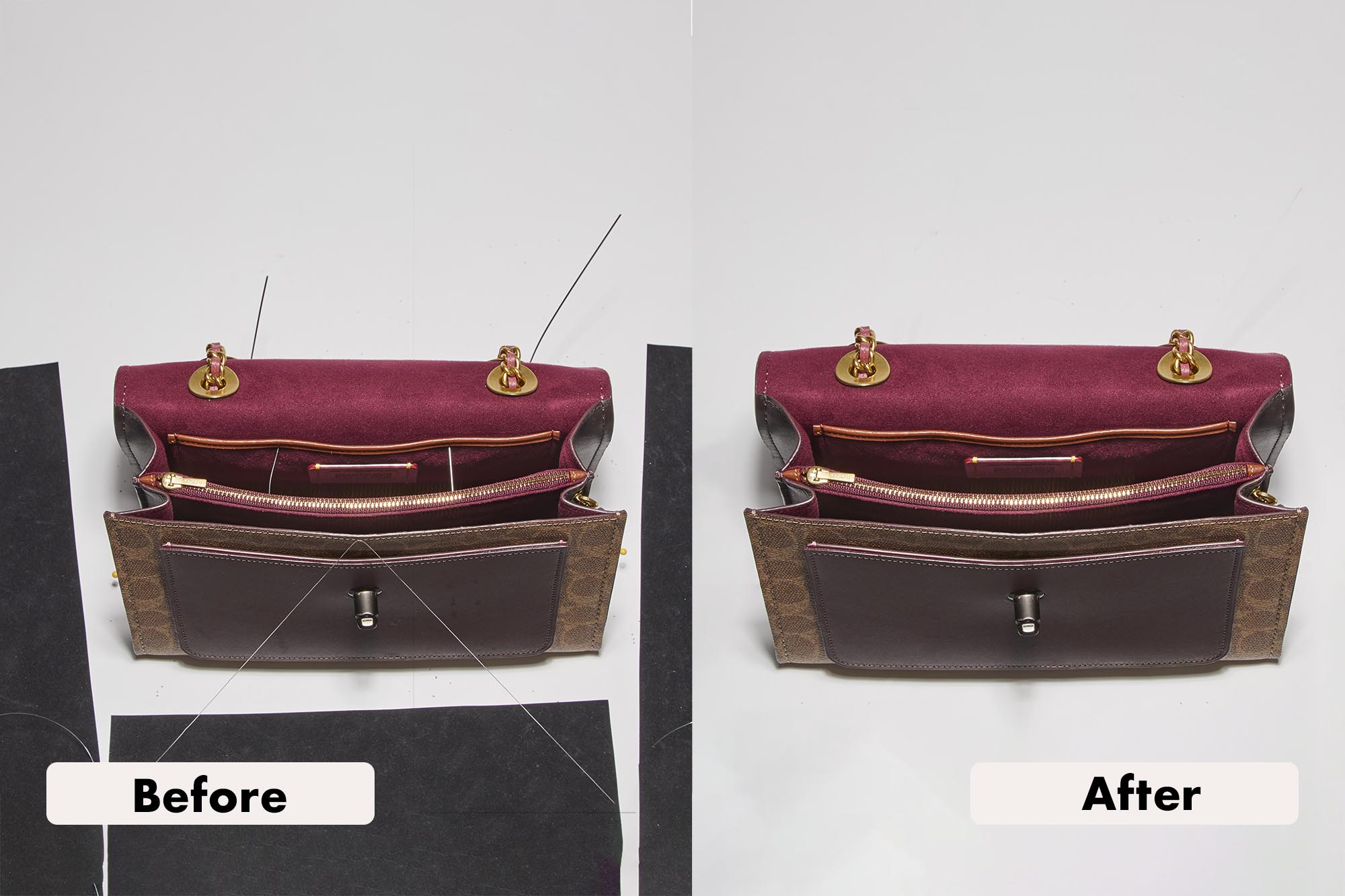 Side-by-side comparison of a burgundy and brown handbag interior before and after prop removal and retouching.