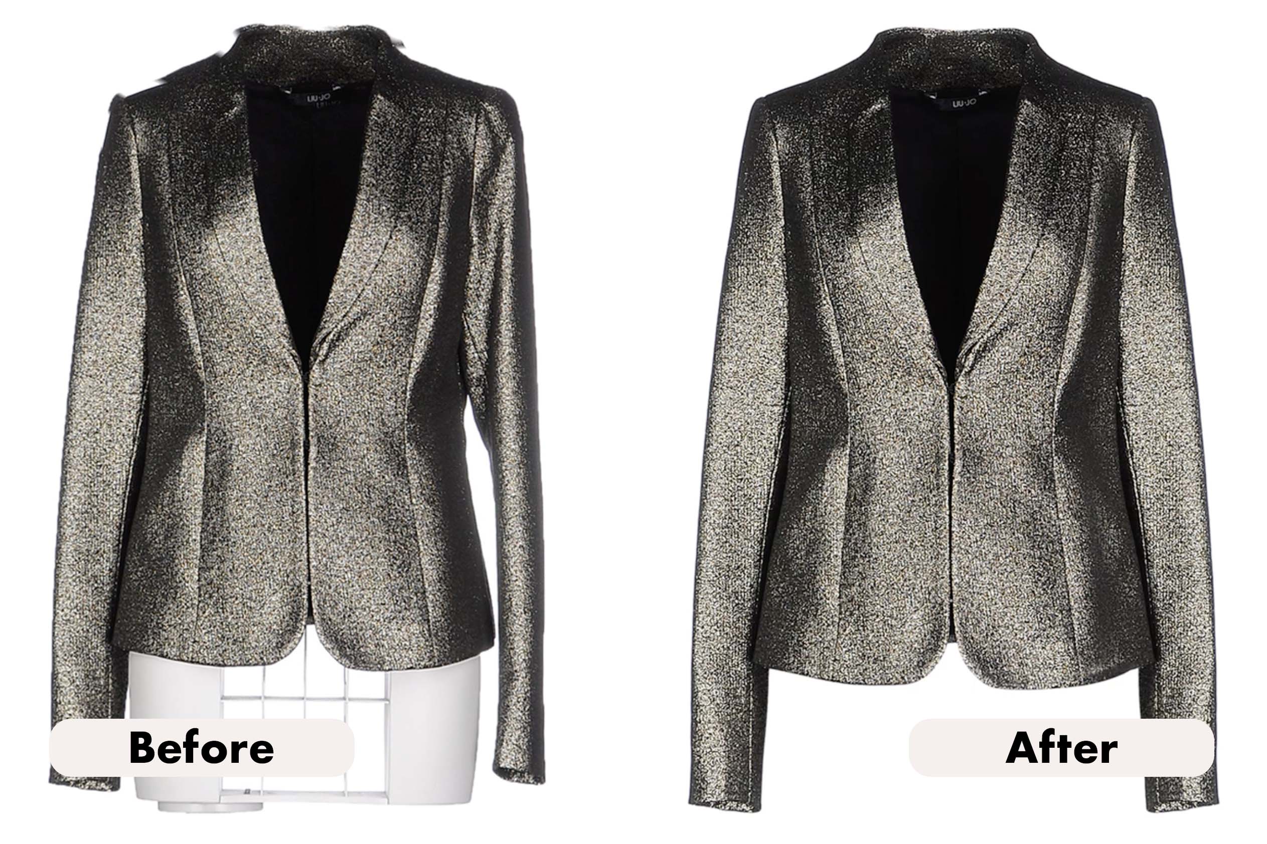 Side-by-side comparison of a metallic blazer before and after retouching to remove the mannequin stand and smooth the sleeves.