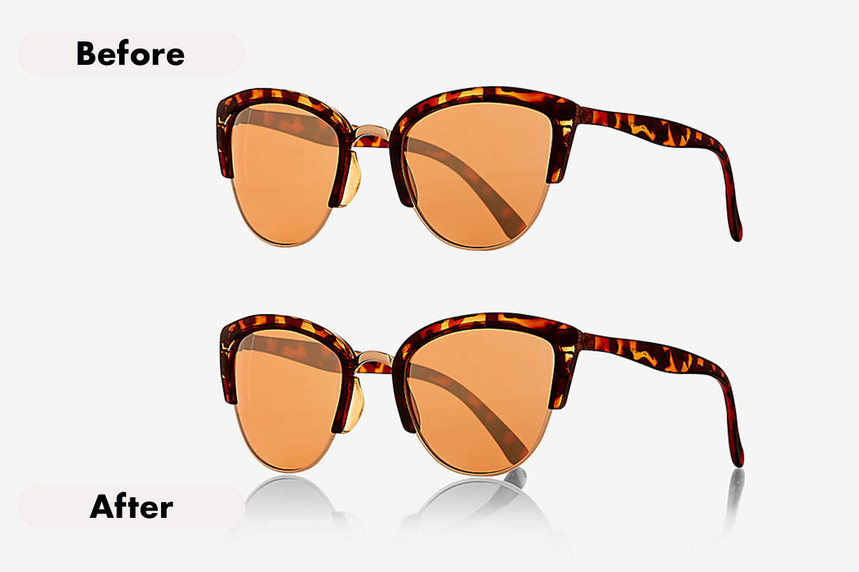 Before and after images of tortoiseshell sunglasses with orange lenses, showing a subtle reflection added below in the after image.