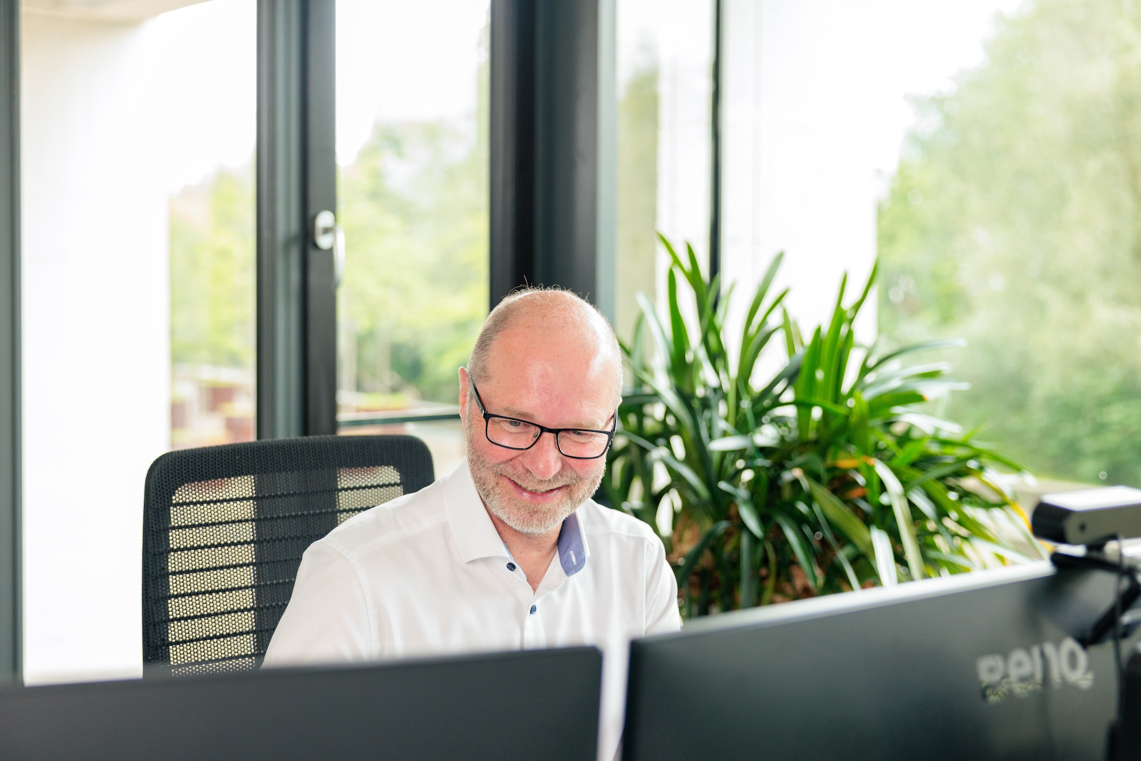 Steuerberater am Schreibtisch vor dem Fenster im begrünten Büro