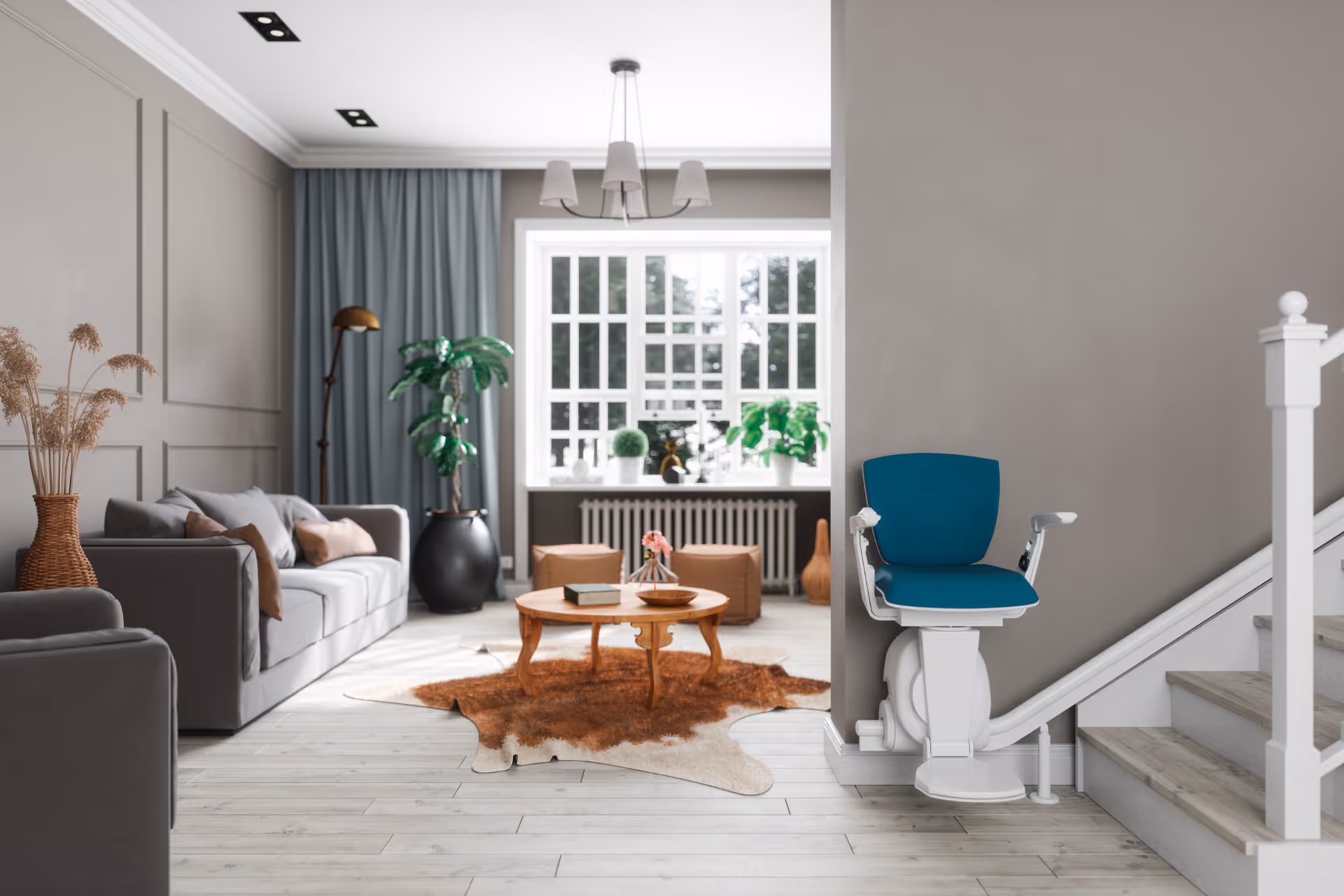 Modern living room with a stairlift installed alongside the staircase for safe and accessible home mobility