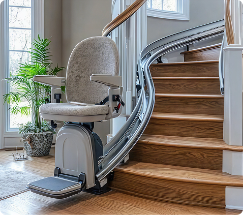 Curved stairlift installed on a wooden staircase in a Northern New Jersey home for safe and reliable accessibility