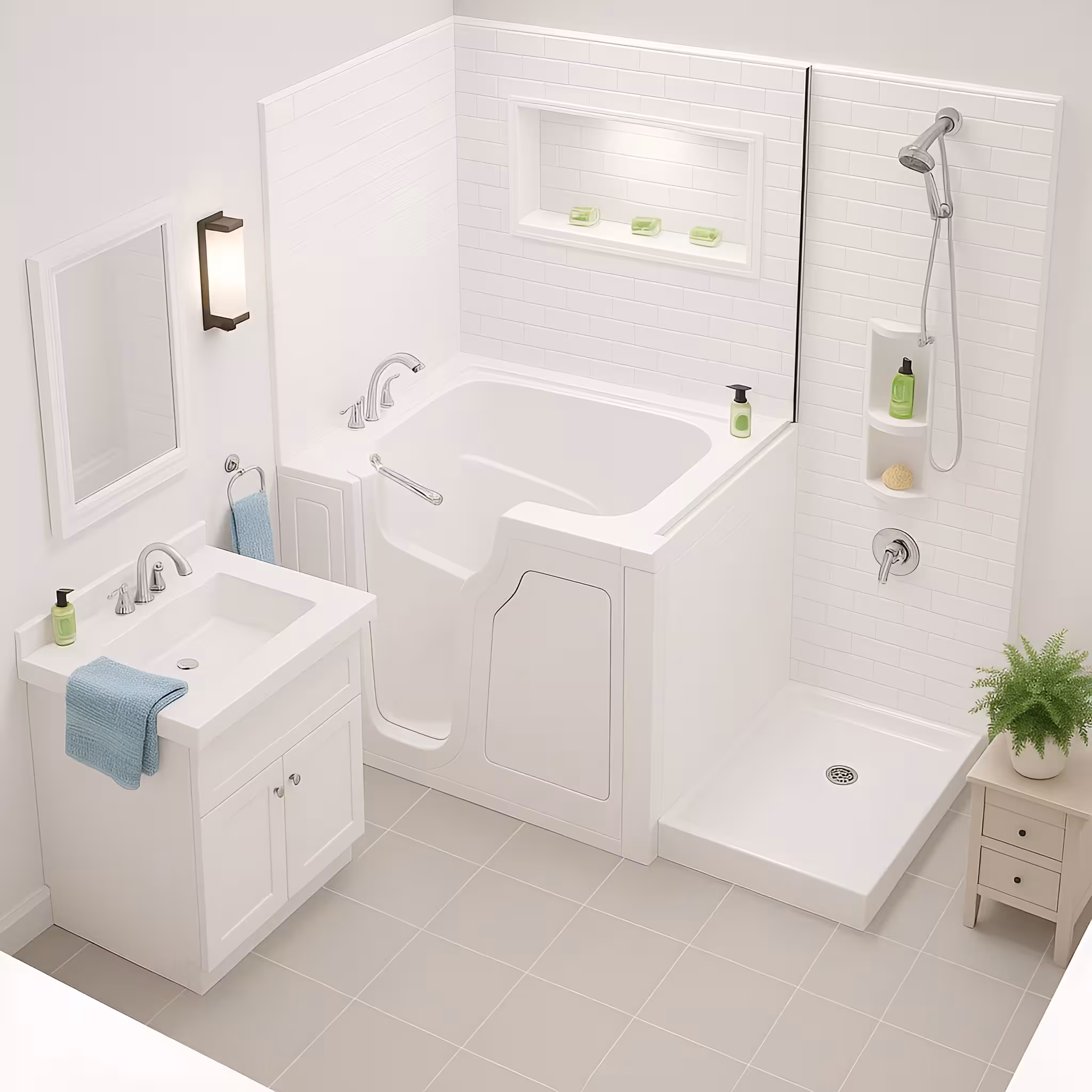 Compact white bathroom with walk-in bathtub, adjacent shower, sink with blue towel, and small plant on a side table.