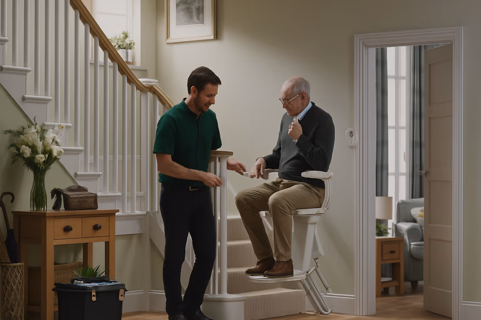 A young technician installs a stairlift while an elderly man sits on the lift chair inside a home near a staircase.