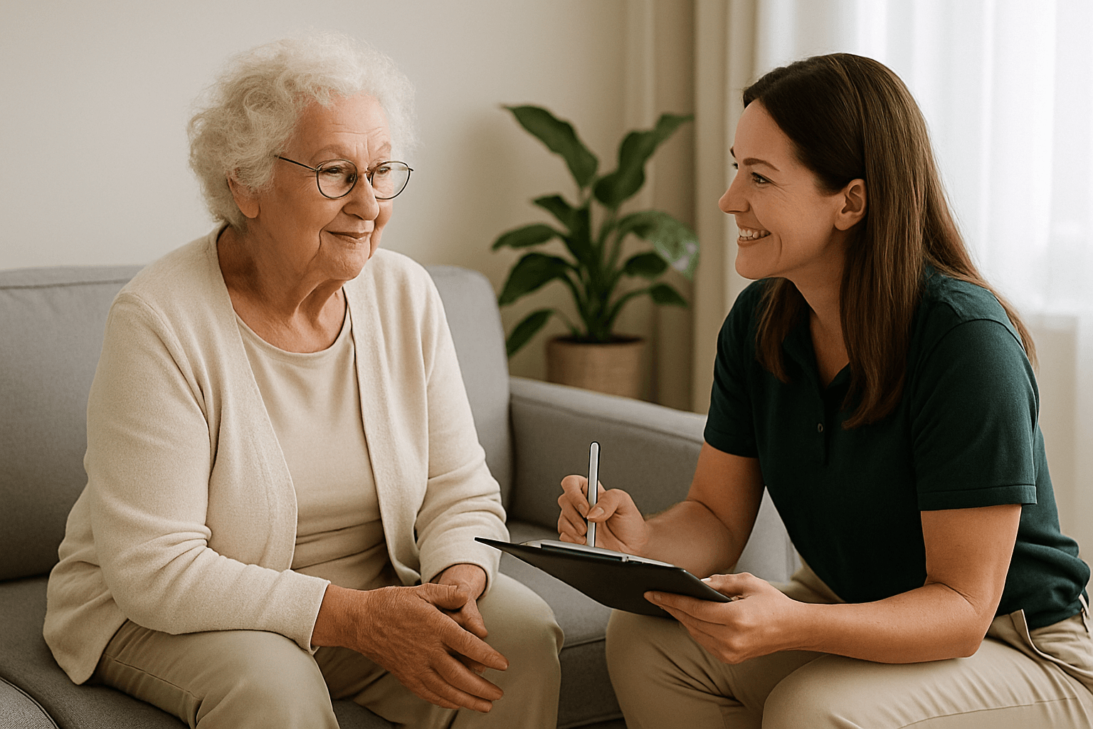 Elderly woman and a younger woman sitting on a couch, engaged in a friendly conversation while the younger woman writes on a clipboard.