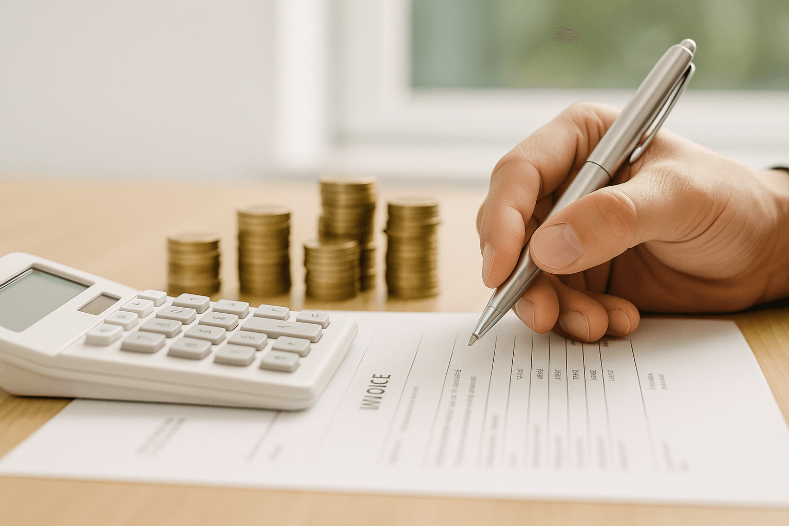 Hand holding pen poised to write on an invoice next to a white calculator and stacks of coins on a wooden table.