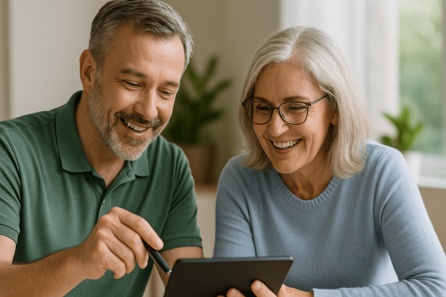 Smiling middle-aged man and woman looking at a digital tablet together indoors.
