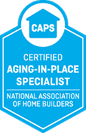Blue badge with house icon labeled CAPS Certified Aging-In-Place Specialist from the National Association of Home Builders.
