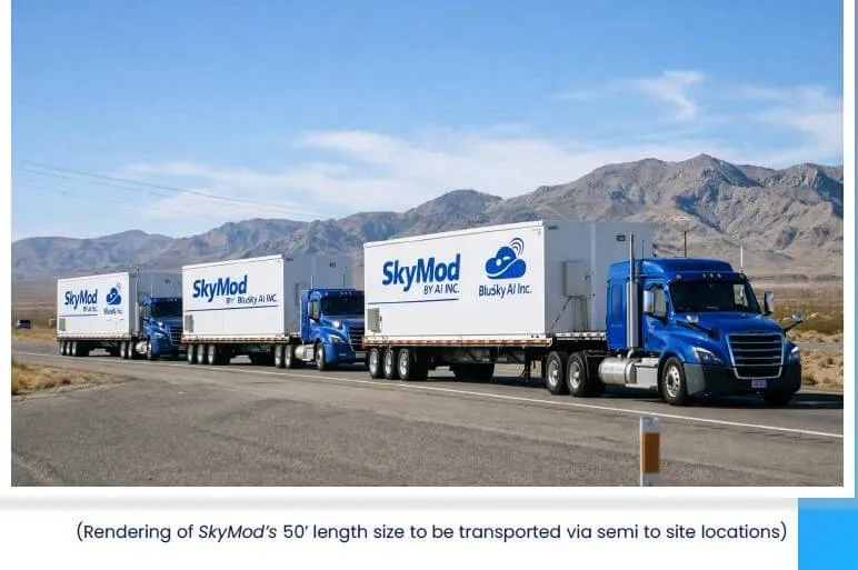 Convoy of trucks transporting BluSky AI SkyMod modular data center units