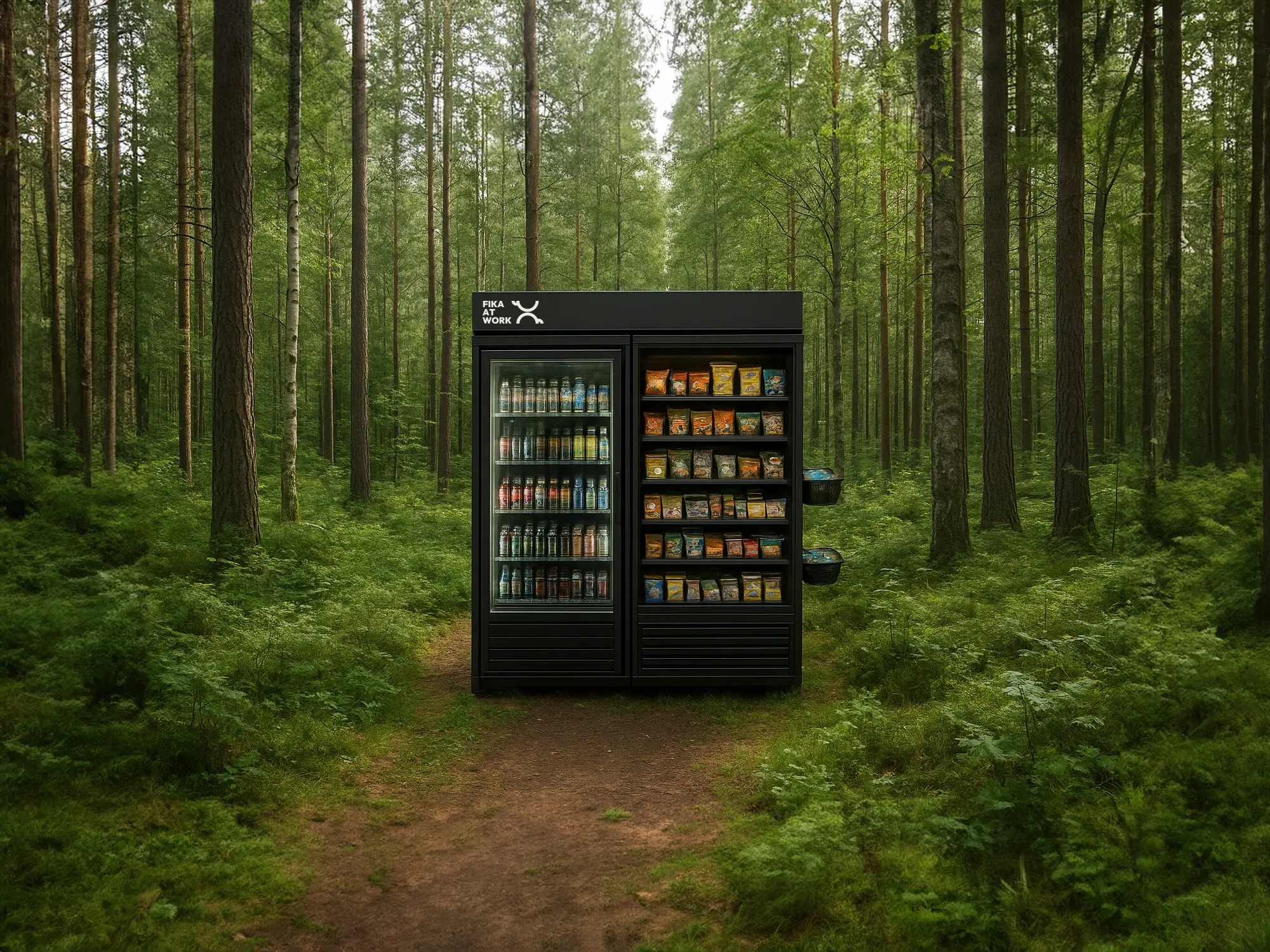 En varuautomat Fika at Works logga som står på en stig i en svensk skog.