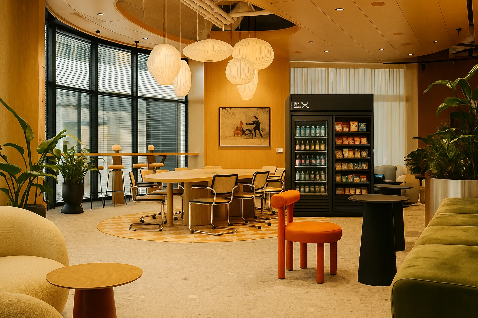 En matvaruautomat med Fika at Works logga som står på ett fint kontor.