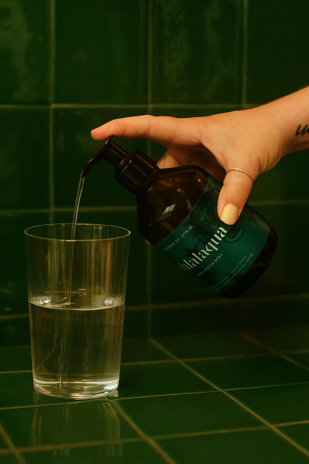 En oh la laqua smakpump som smaksätter ett glas vatten i ett kök med grönt kakel.