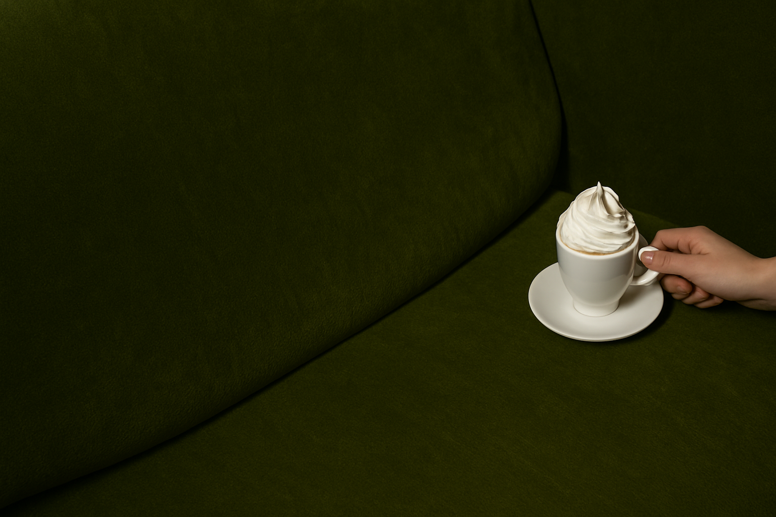 En hand som håller i en kopp varm choklad med grädde.