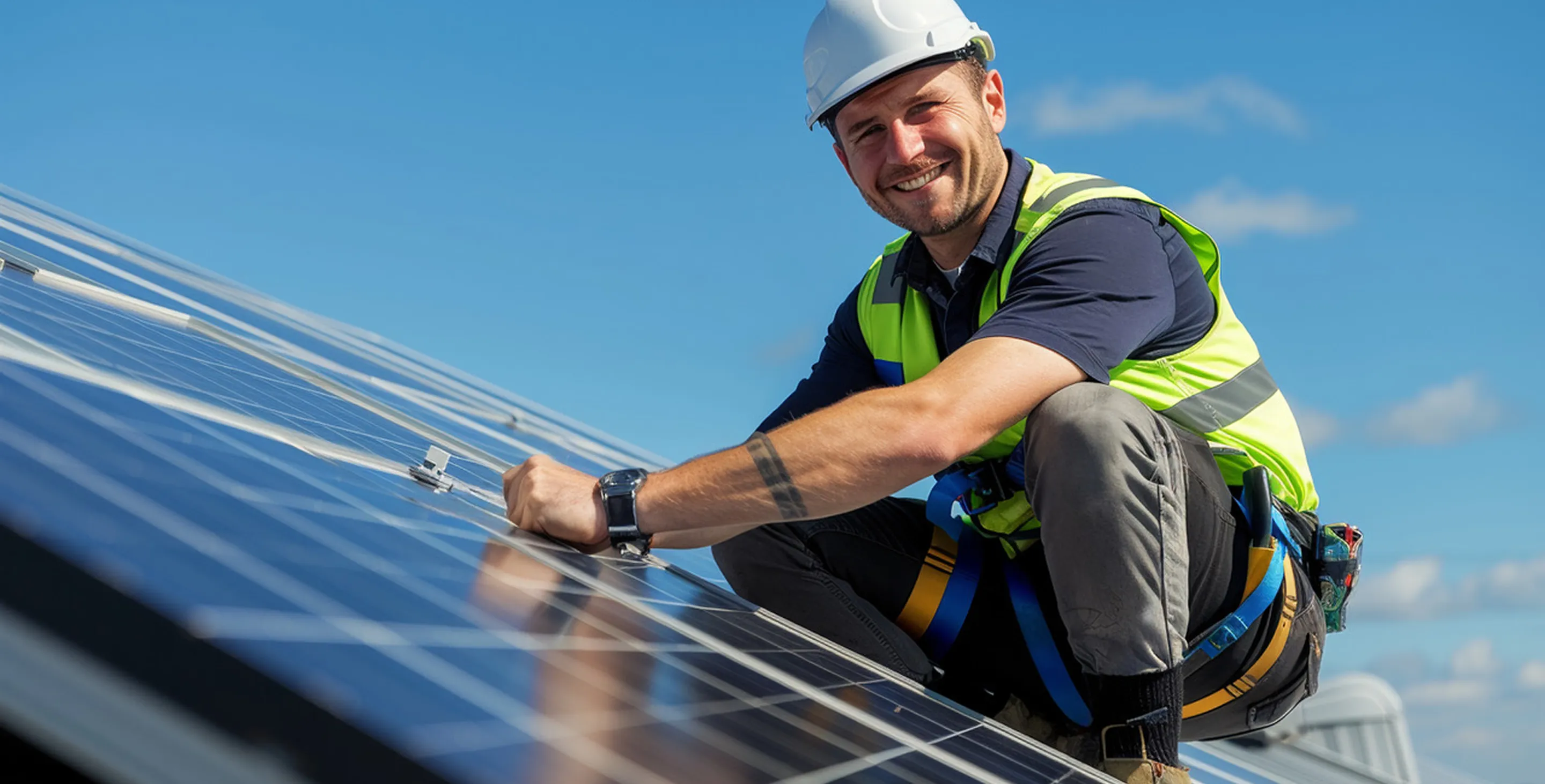 Ein Elektriker mit Schutzhelm und Warnjacke bedient ein Tablet vor einem offenen Elektroverteilerkasten.