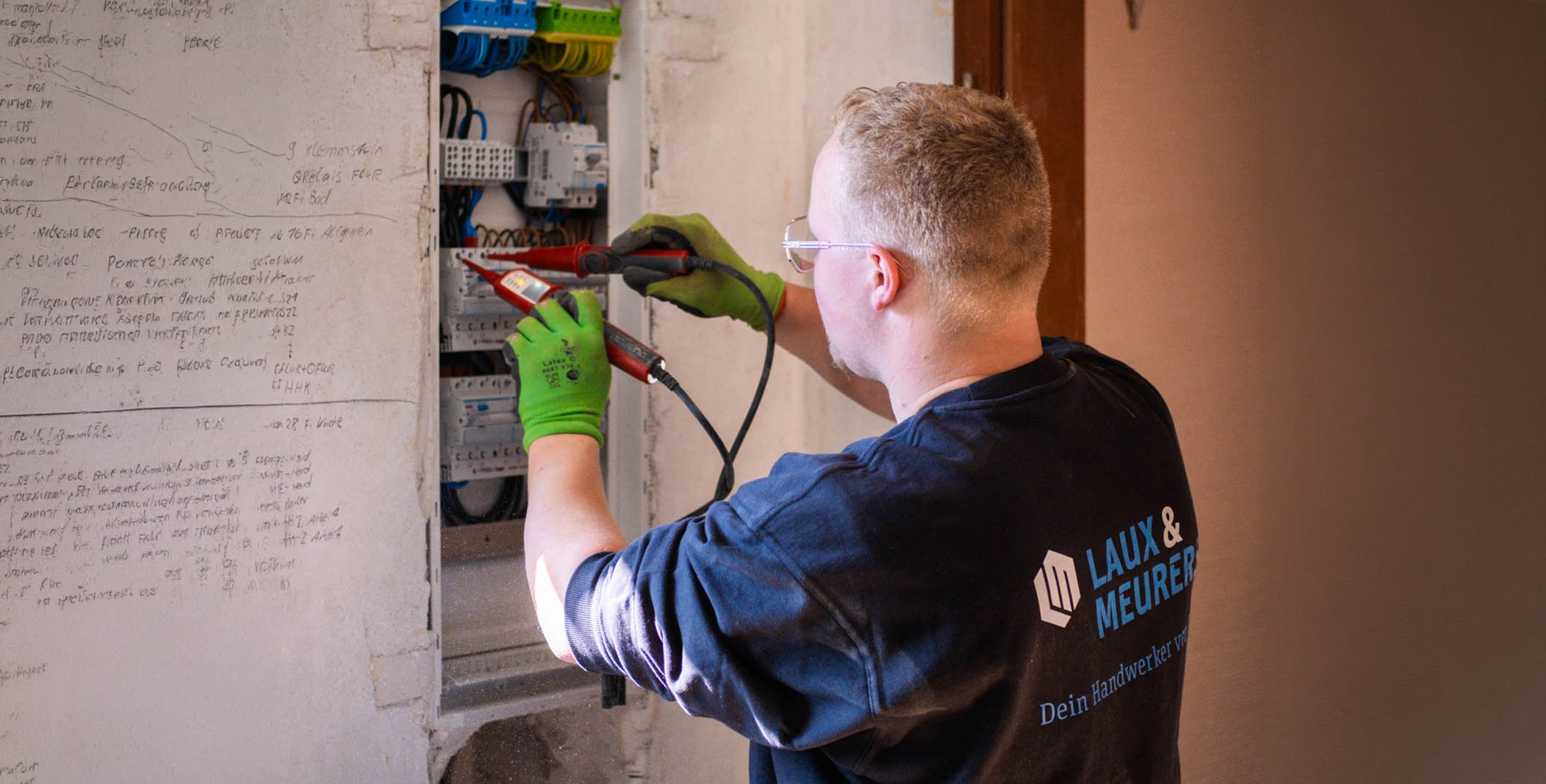 Ein Elektriker misst am Schaltkasten