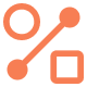 Orange geometric shapes including a circle with a smaller circle inside, a diagonal line connecting two dots, and a rounded square.