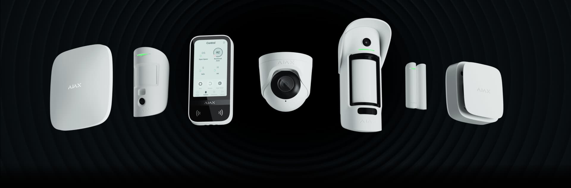 Ajax Systems complete wireless security system with Hub 2, motion detectors, security cameras, touchscreen keypad, and door sensors for professional home and business protection