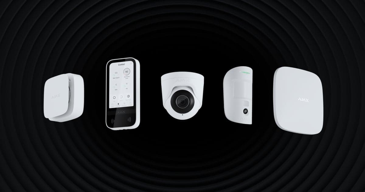 Ajax security system with smart hub, keypad, camera, and sensors for homes and businesses