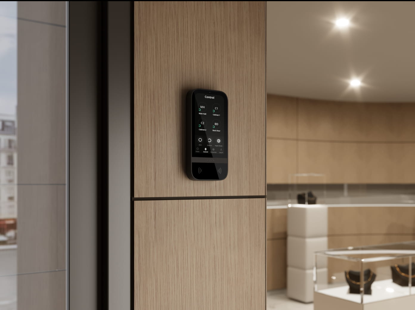 Jewelry store security system with Ajax touchscreen access control protecting high-value merchandise and restricted areas