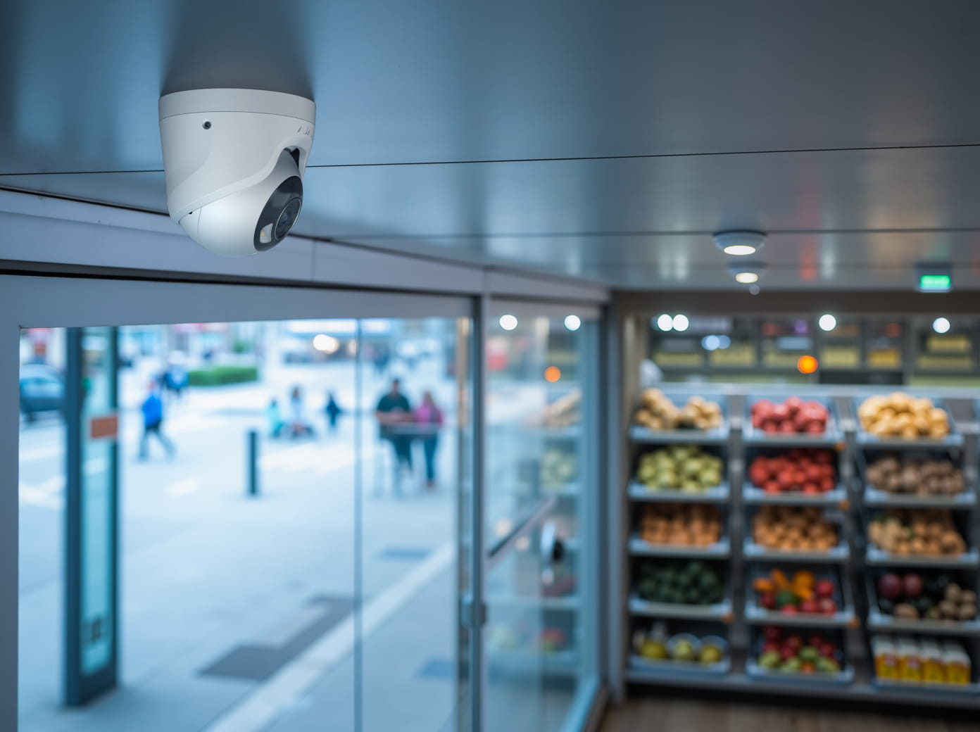 Convenience store security camera monitoring the entrance and sales area as part of a professionally installed security system