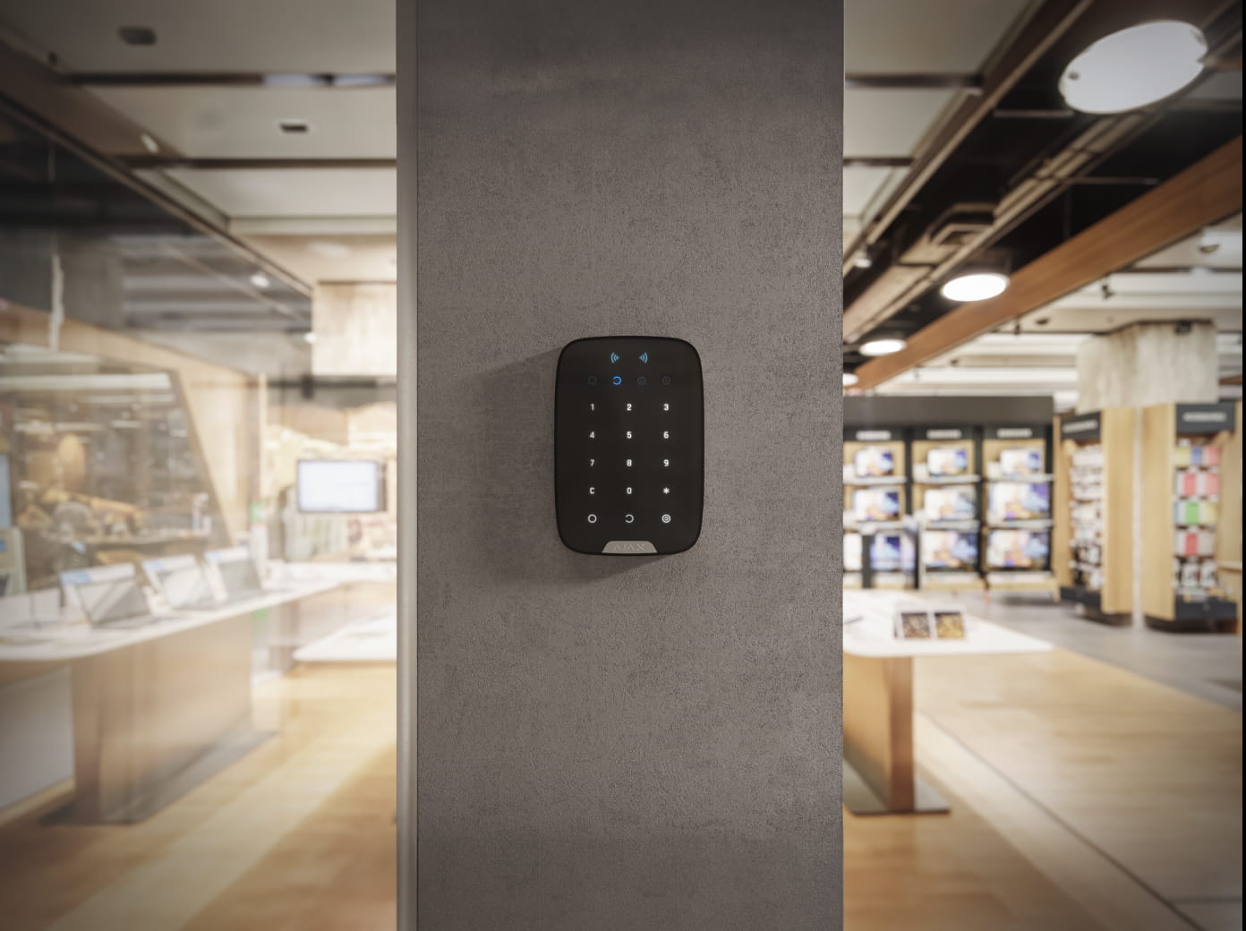 Electronics store security system with Ajax access control protecting retail inventory, stockrooms, and employee-only areas