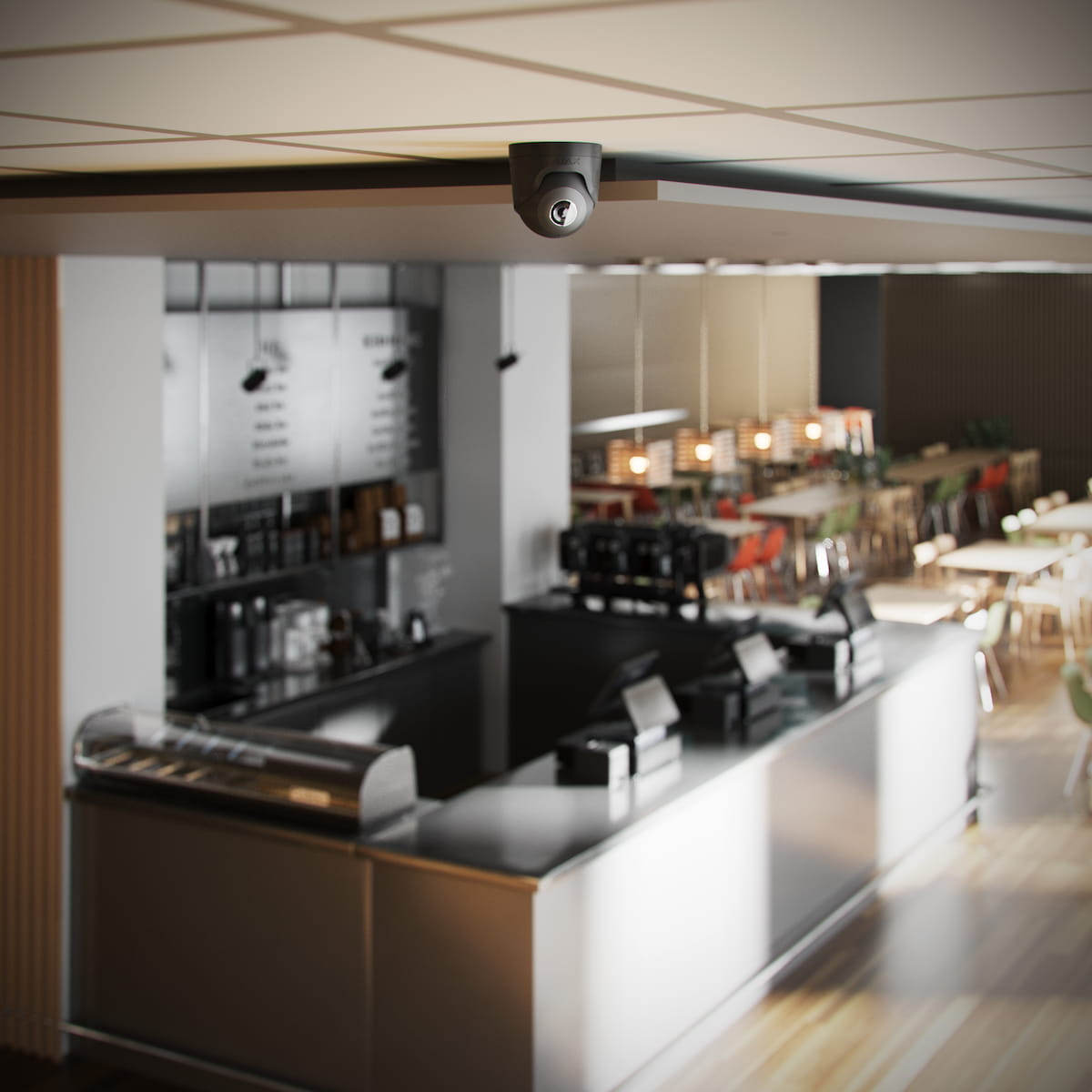 Ajax TurretCam over a restaurant service counter and POS area — restaurant security systems by ASPEX Secure in Houston