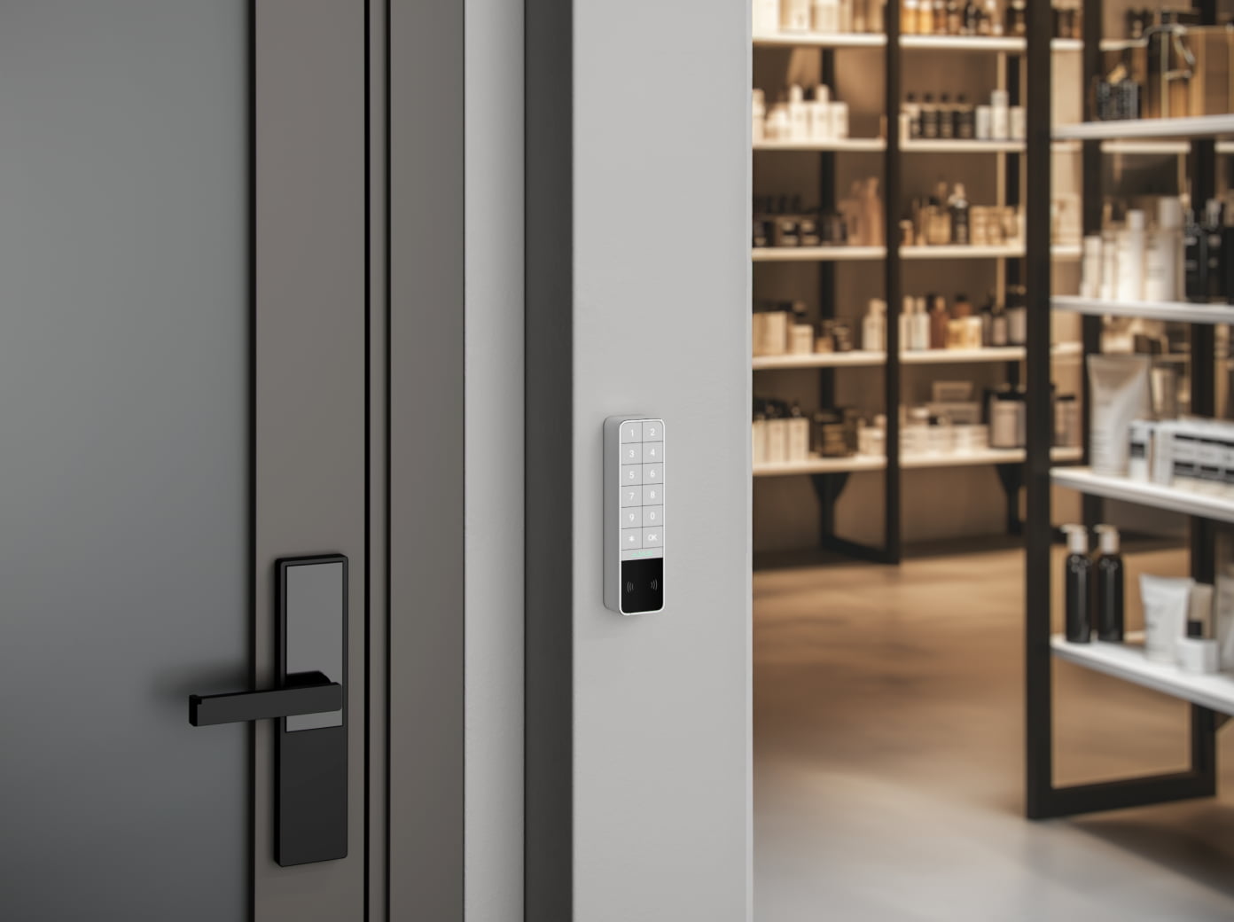 Ajax keypad with scheduled access codes at a restaurant storage door — delivery entrance and dry storage protection for Houston restaurants