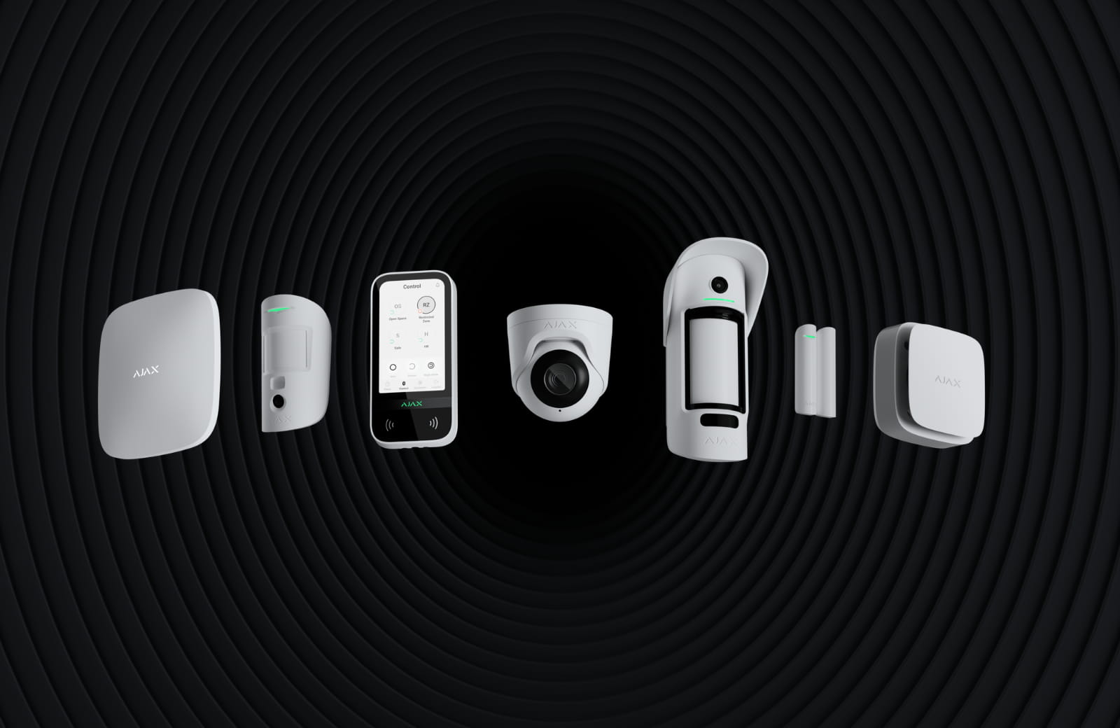 Ajax security system devices — hub, keypad, cameras, motion and door sensors — installed across Greater Houston by ASPEX Secure