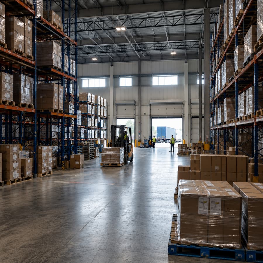 Large Houston warehouse with high racking, loading docks, pallets, and active distribution operations