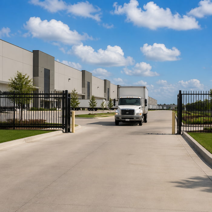 Delivery truck passing through the vehicle gate of a warehouse facility
