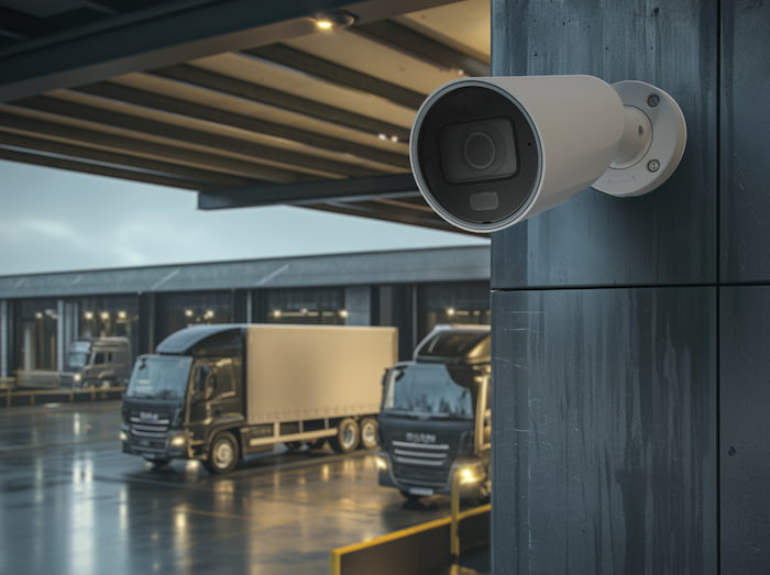 Security camera overlooking loading docks and delivery trucks at a warehouse