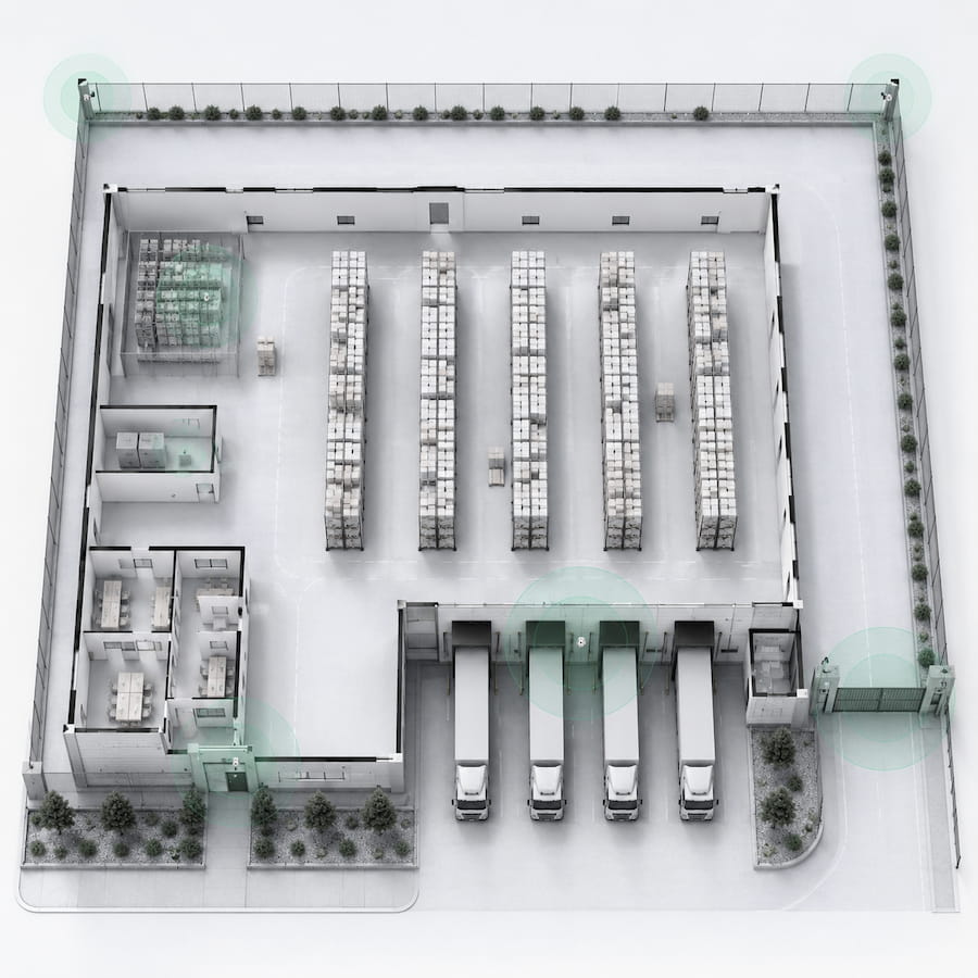 Warehouse plan showing loading docks, storage aisles, offices, vehicle gate, and security coverage zones
