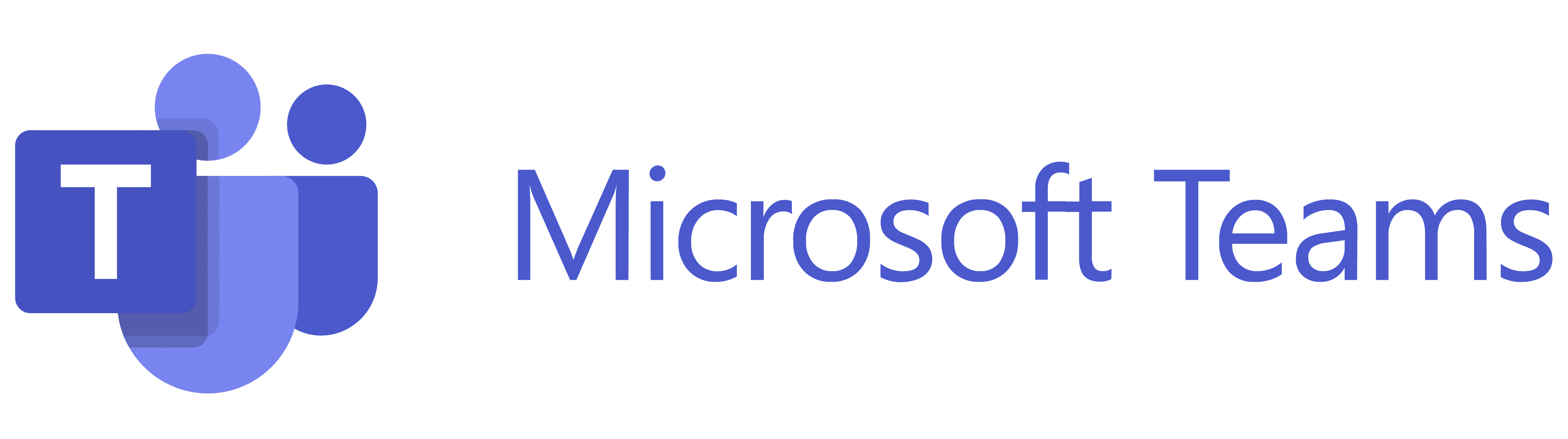 Microsoft Teams logo with a stylized T and abstract group of people in purple with the text Microsoft Teams.
