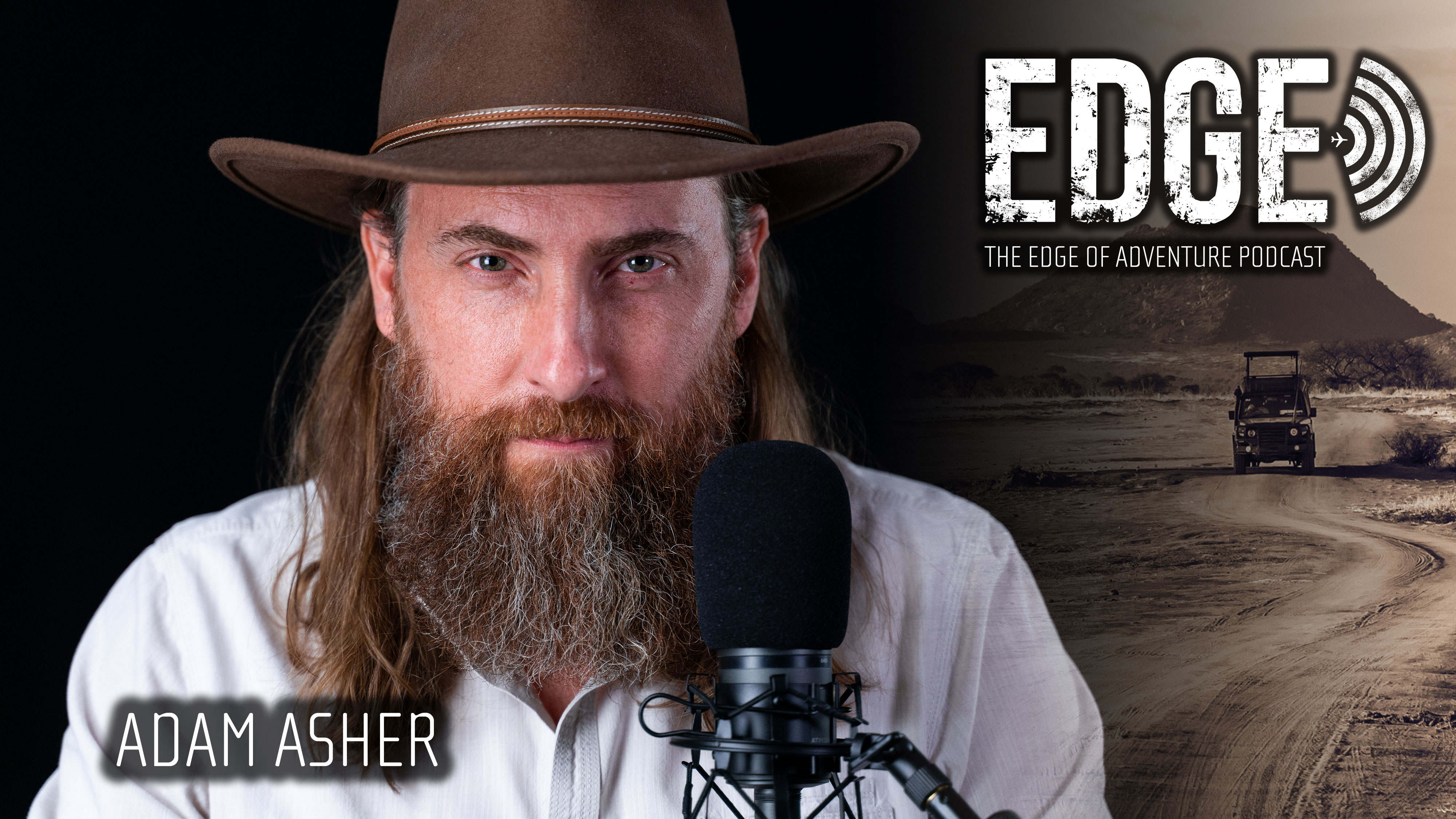 The Edge of Adventure podcast: a truck on a rugged road with a microphone