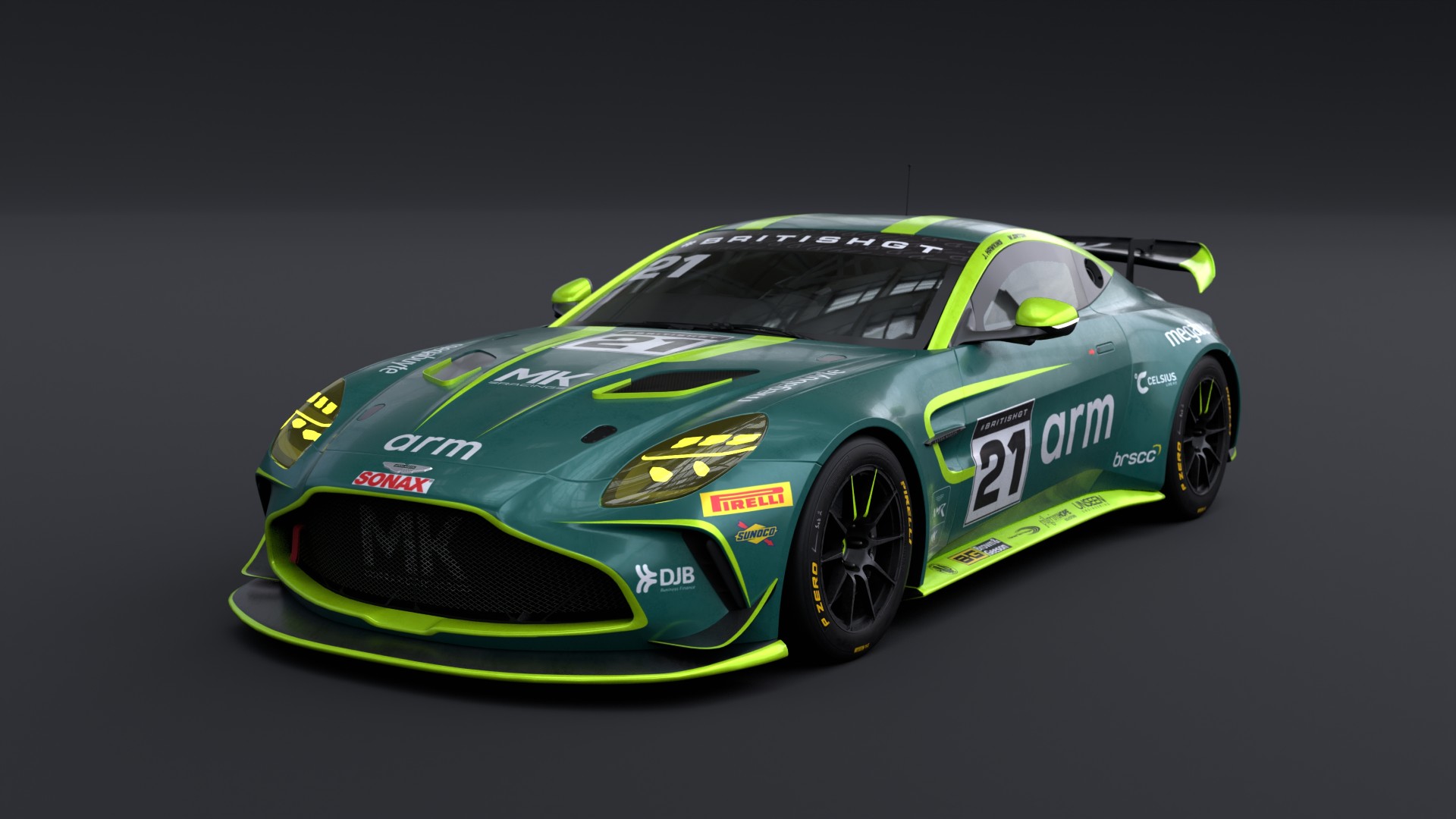Green and neon yellow race car with number 21 and multiple sponsor logos on a dark background.