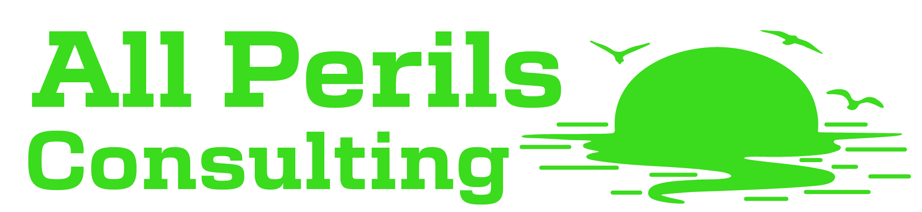 All Perils Consulting text in bold green with a green sun setting over water and three birds flying nearby.