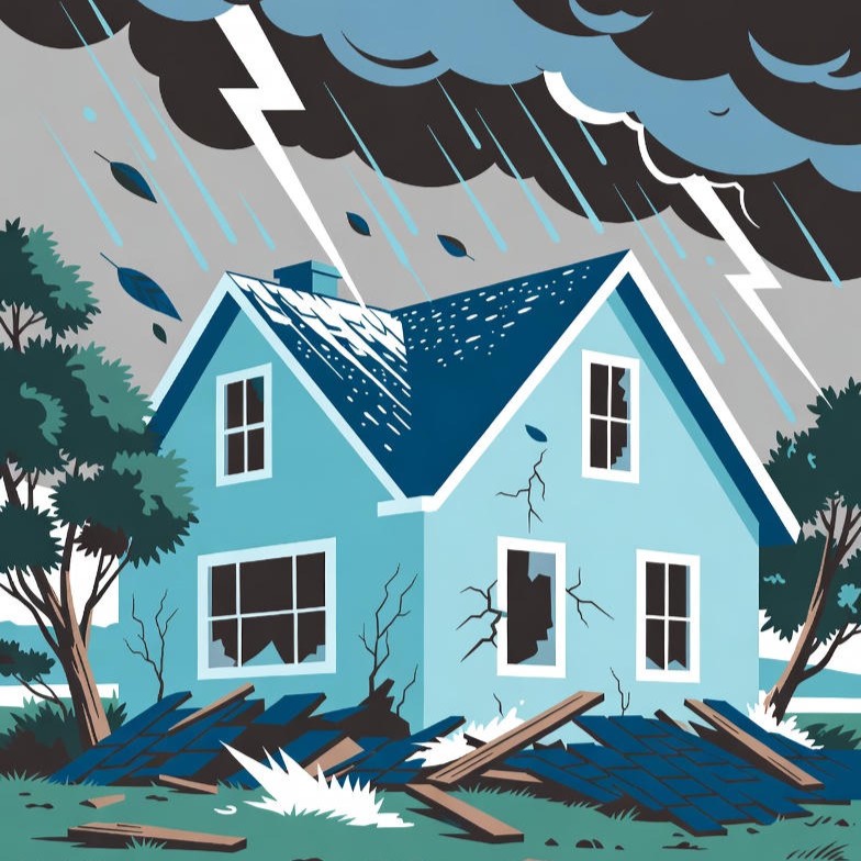 Illustration of a blue house damaged by a storm with broken windows, cracked walls, and debris scattered around under dark clouds with lightning and rain.