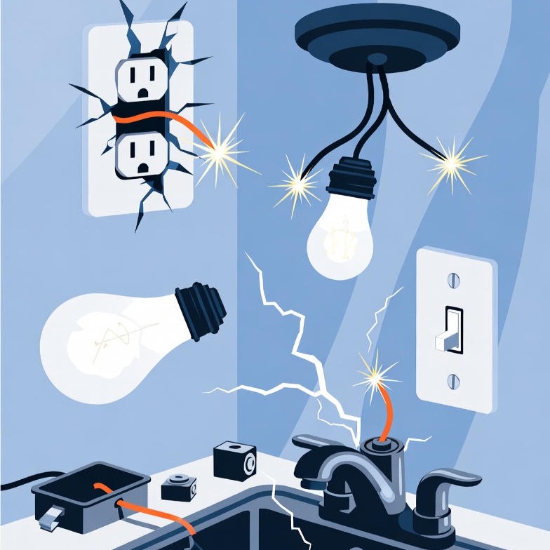 Illustration of electrical hazards including exposed wires sparking from an outlet, a light fixture, a faucet, and an appliance near a sink.