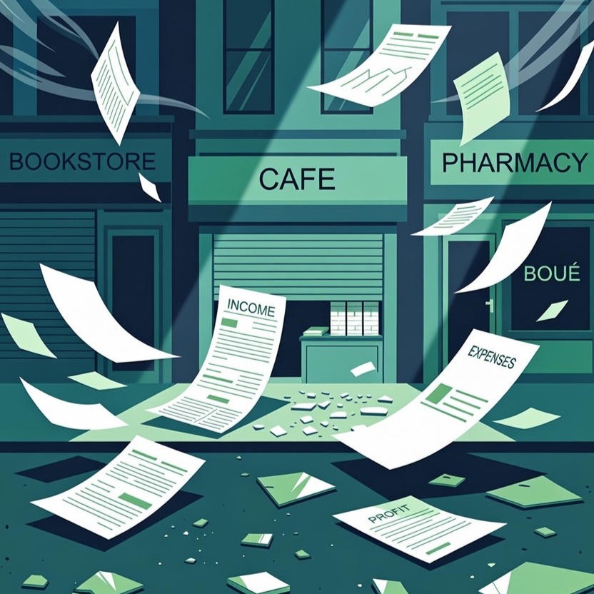 Illustration of a closed cafe storefront with papers labeled income, expenses, and profit flying around, set between a bookstore and a pharmacy.