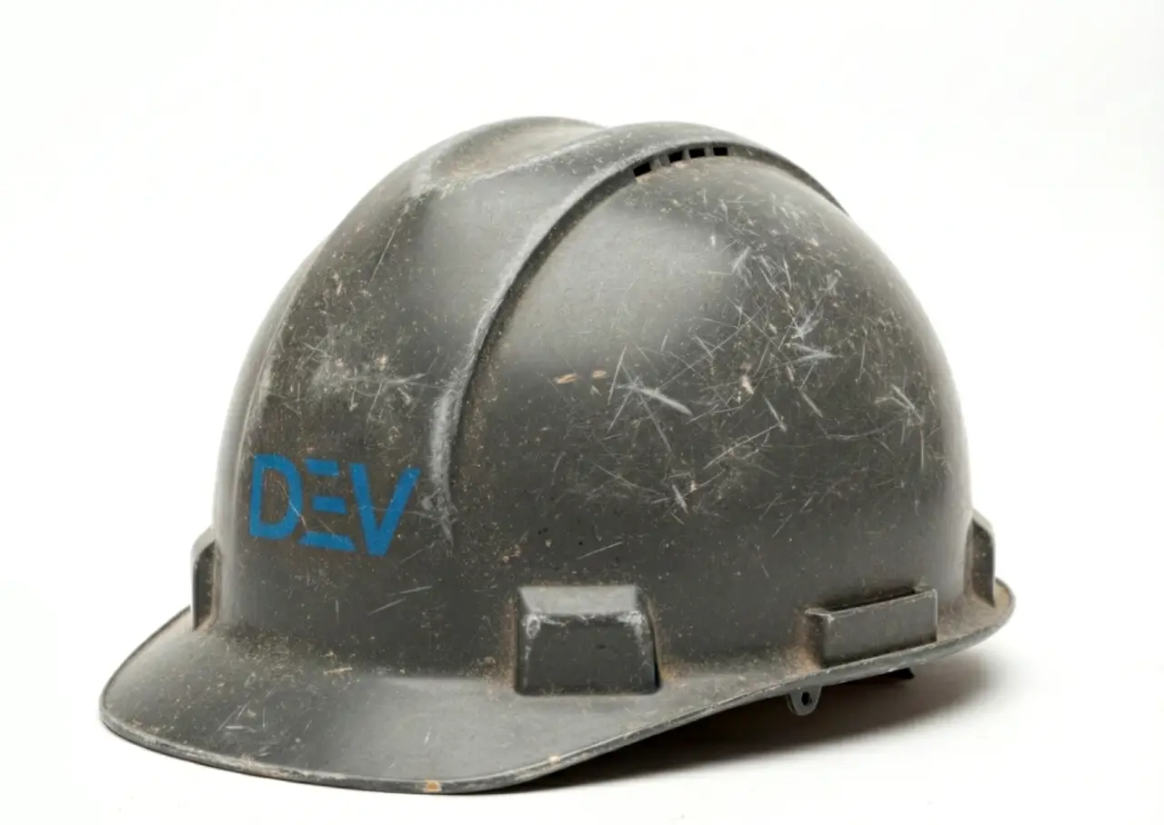 Black construction hard hat with scratches and a blue geometric elephant logo on the side.