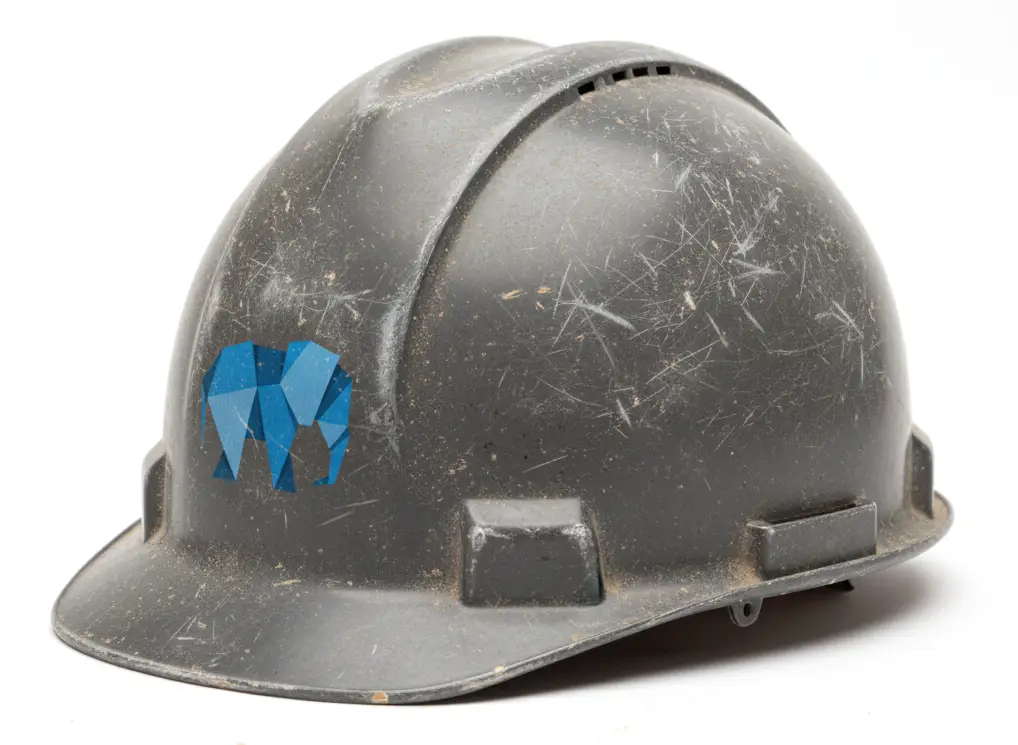 Black construction hard hat with scratches and a blue geometric elephant logo on the side.