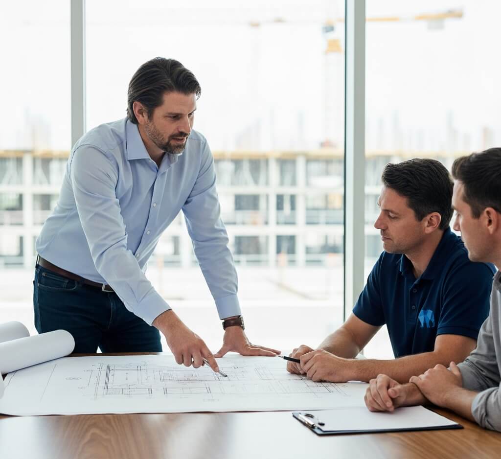 Jay DeVore and others reviewing architectural blueprints on a table in a bright office with large windows.