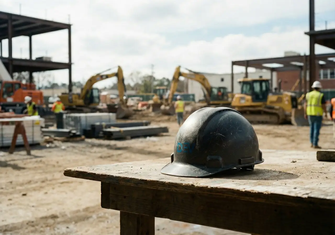 a DeVore Consulting hard hat sitting on a table at a construction site. 