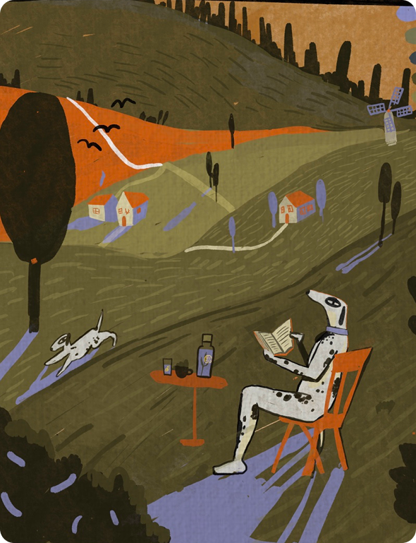 Spotted dog sitting next to a beige packet labeled 'ANXIES supplementation for anxious pups with marihuana' on a yellow background.