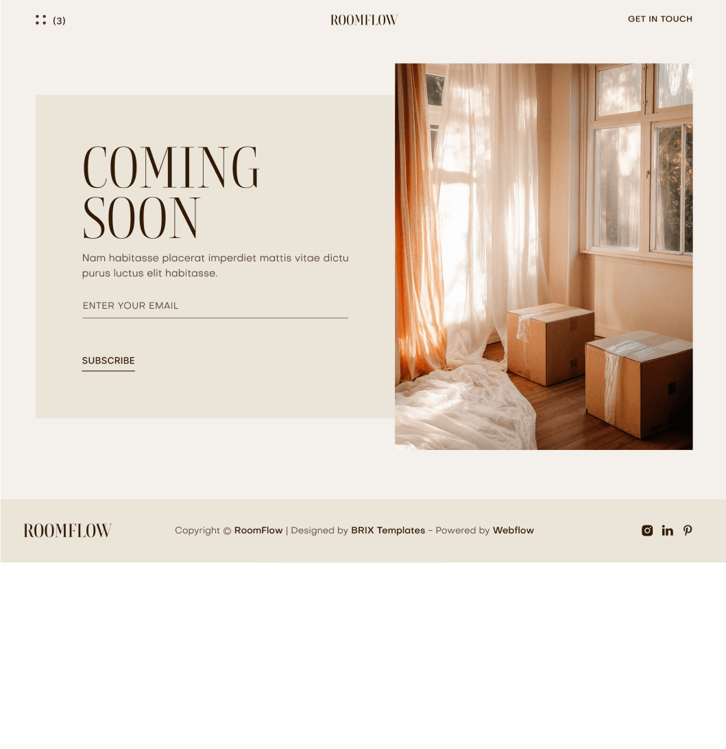 RoomFlow - Coming Soon Utility Page - Interior Design Webflow Template | BRIX Templates