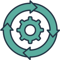 Gear surrounded by circular flow chart