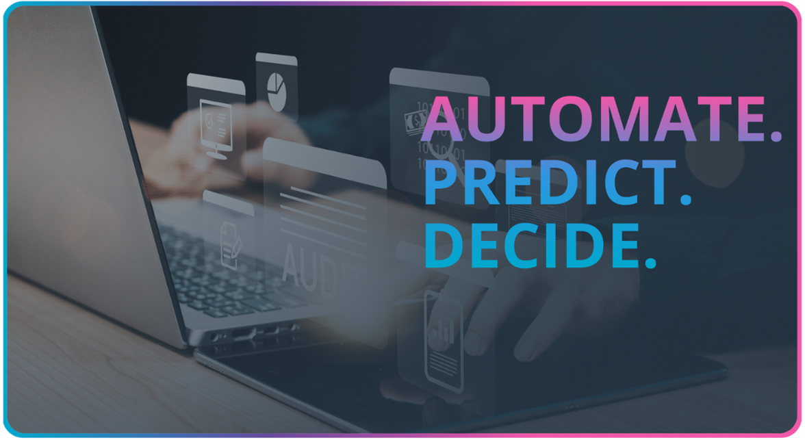 Person browsing laptop with browser overlaid with browser pop-ups and text "Automate. Predict. Decide"