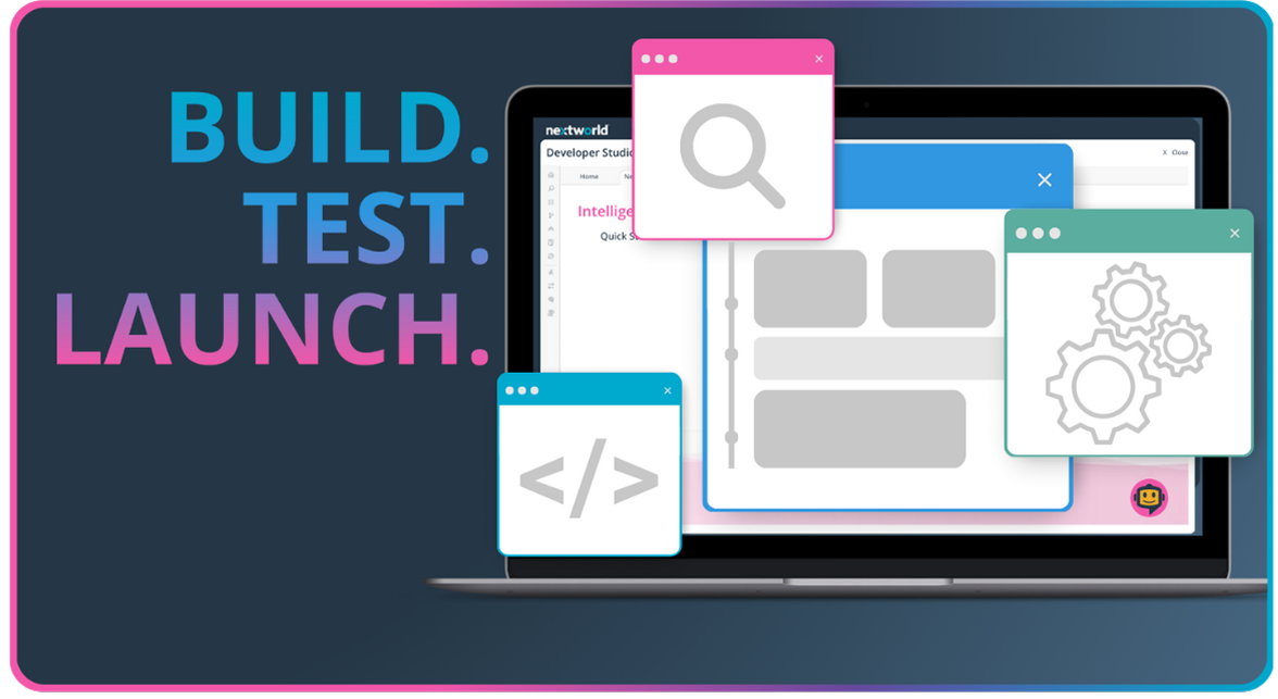 Laptop showing different window pup ups with a magnifying glass, code bracket, and gears with text "Build. Test. Launch"