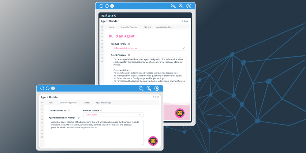 Windows displaying Nextworld dashboard for building an agent