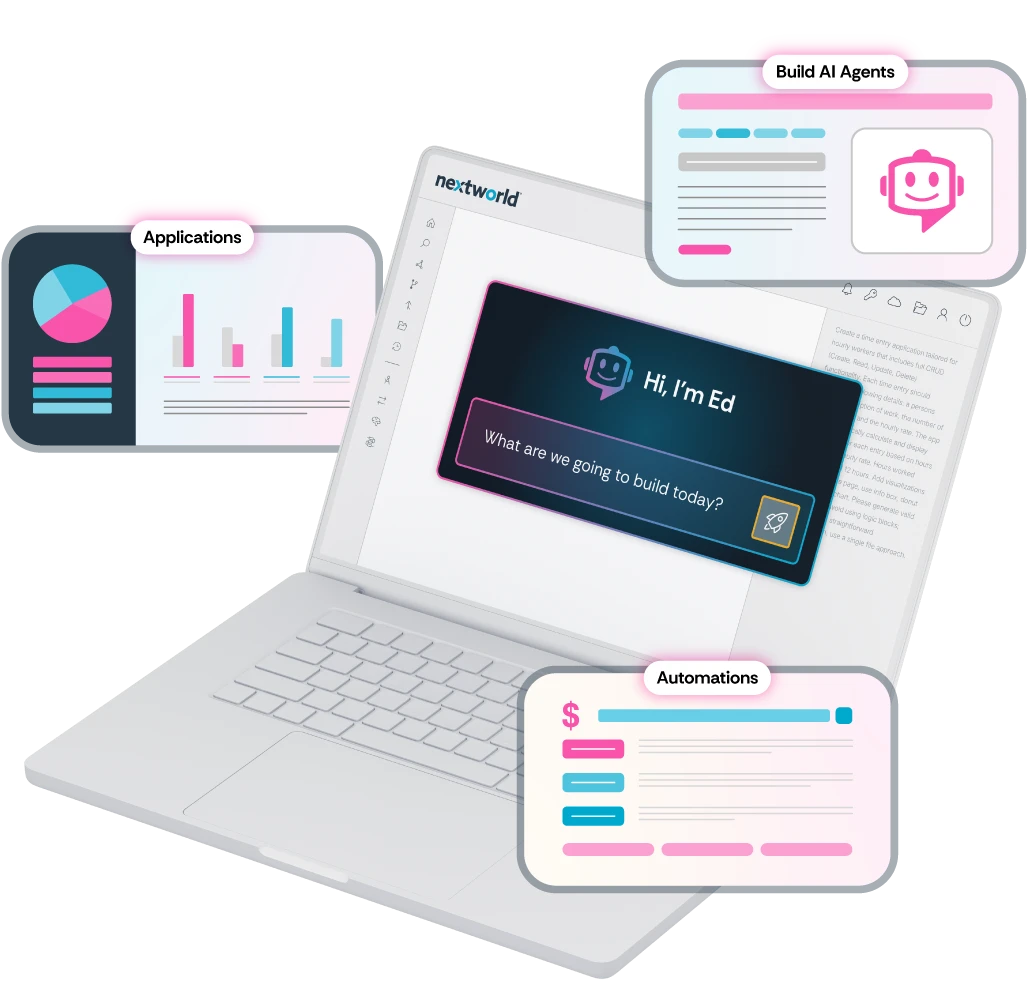 laptop display of Nextworld AI chatbot with illustrations for Applications, Build AI agents, and Automations